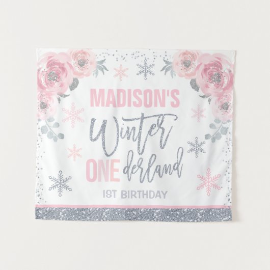 Winter ONEderland Roze 1e Verjaardagsdecoraties B Wandkleed (Voorkant (horizontaal))