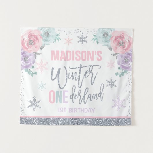 Winter ONEderland Roze 1e Verjaardagsdecoraties Wandkleed (Voorkant (horizontaal))