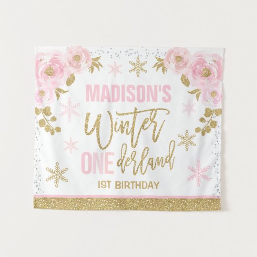 Winter ONEderland Roze 1e Verjaardagsfeest Banner Wandkleed (Voorkant (horizontaal))