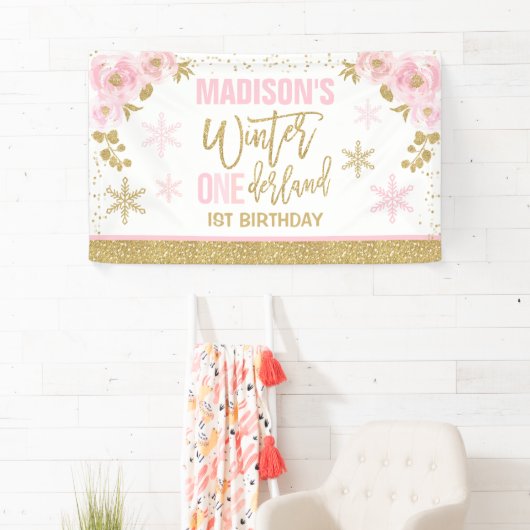Winter ONEderland Roze 1ste verjaardag Decoraties Spandoek (Insitu)