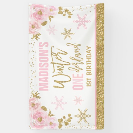 Winter ONEderland Roze 1ste verjaardag Decoraties Spandoek (Verticaal)