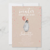 Winter Onederland Roze Ballon Pinguïn Verjaardag Kaart (Voorkant)