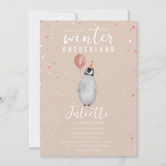 Winter Onederland Roze Ballon Pinguïn Verjaardag Kaart (Voorkant)