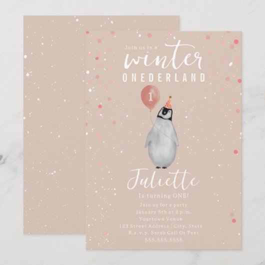 Winter Onederland Roze Ballon Pinguïn Verjaardag Kaart (Voorkant / Achterkant)