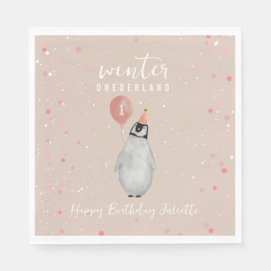 Winter Onederland Roze Ballon Pinguïn Verjaardag Servet (Voorkant)