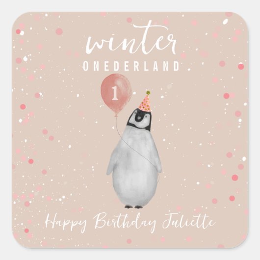 Winter Onederland Roze Ballon Pinguïn Verjaardag Vierkante Sticker (Voorkant)