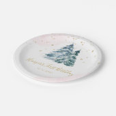 Winter Onederland roze besneeuwde dennenbomen Papieren Bordje (Gekanteld)