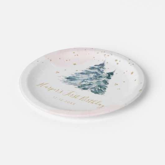 Winter Onederland roze besneeuwde dennenbomen Papieren Bordje (Gekanteld)