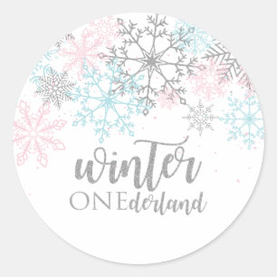 Winter Onederland Roze blauw zilver glitters Ronde Sticker
