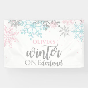 Winter Onederland Roze blauw zilver glitters Spandoek
