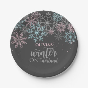 Winter Onederland Roze blauwe zilverglitter Papieren Bordje