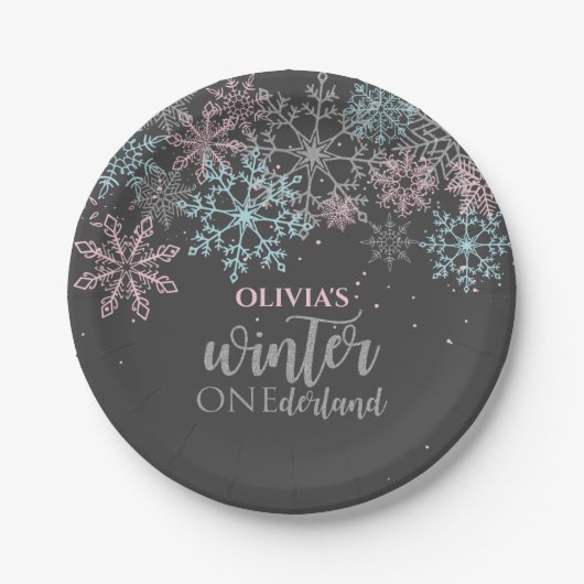 Winter Onederland Roze blauwe zilverglitter Papieren Bordje (Voorkant)