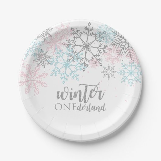 Winter Onederland Roze blauwe zilverglitter Papieren Bordje (Voorkant)