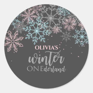 Winter Onederland Roze blauwe zilverglitter Ronde Sticker