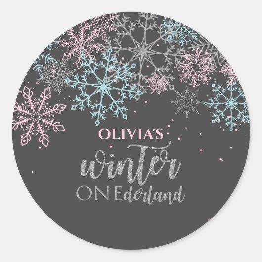 Winter Onederland Roze blauwe zilverglitter Ronde Sticker (Voorkant)