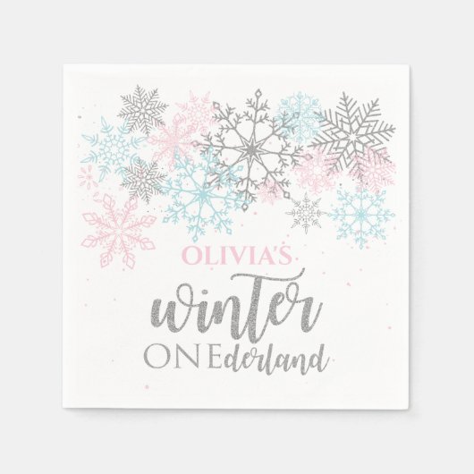 Winter Onederland Roze blauwe zilverglitter Servet (Voorkant)