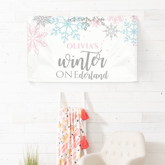 Winter Onederland Roze blauwe zilverglitter Spandoek (Insitu)