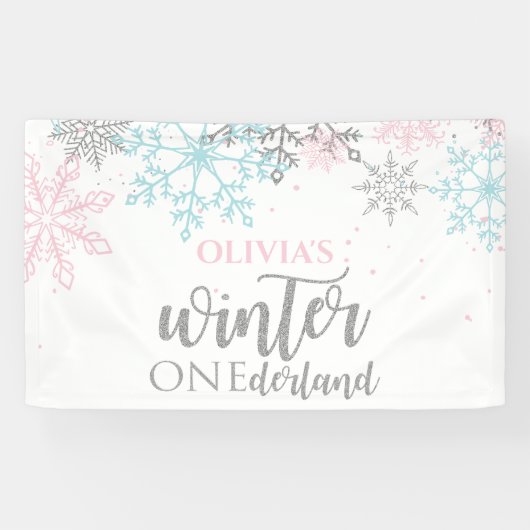Winter Onederland Roze blauwe zilverglitter Spandoek (Horizontaal)
