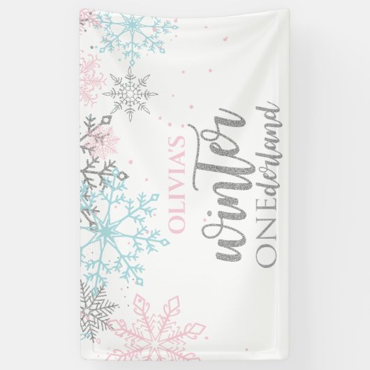 Winter Onederland Roze blauwe zilverglitter Spandoek (Verticaal)