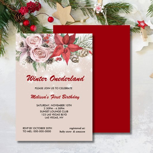 Winter onederland roze bloemrood poinsettia kaart