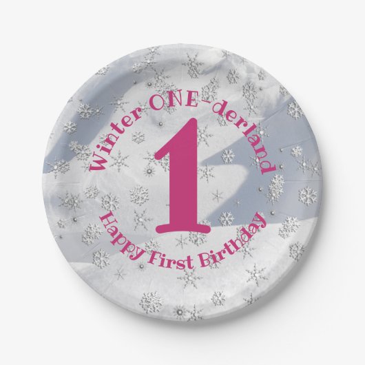Winter ONEderland Roze eerste verjaardag Snowflake Papieren Bordje (Voorkant)