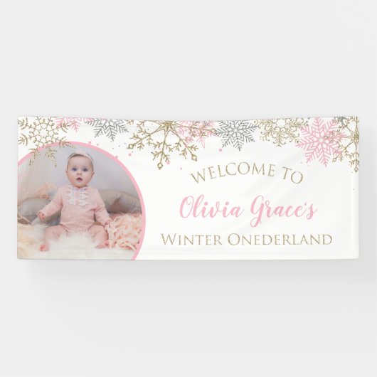Winter Onederland Roze en Gold Snowflakes Foto Spandoek (Horizontaal)