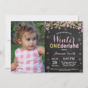 Winter Onederland Roze en Gouden Meisje 1e Verjaar Kaart