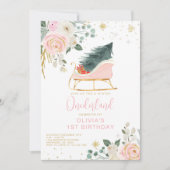 Winter Onederland Roze en Gouden Slee Verjaardag Kaart (Voorkant)