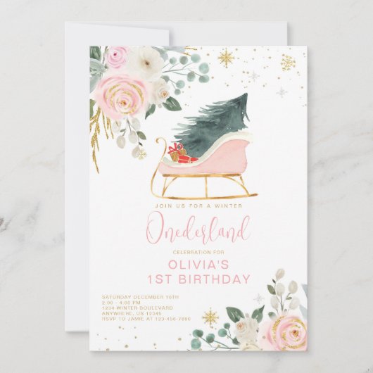 Winter Onederland Roze en Gouden Slee Verjaardag Kaart (Voorkant)
