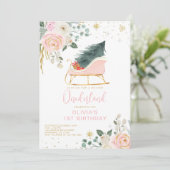 Winter Onederland Roze en Gouden Slee Verjaardag Kaart (Staand voorkant)