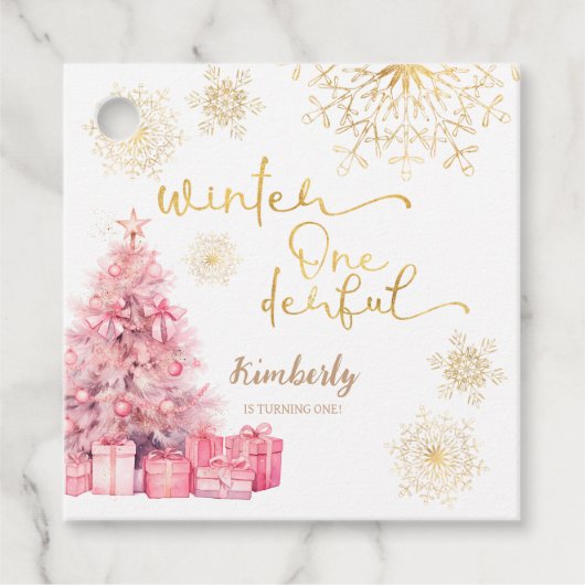Winter Onederland Roze en Gouden Sneeuwvlok Bedankjes Labels (Voorkant)