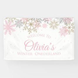 Winter Onederland Roze en Gouden Welkomstbanner Spandoek