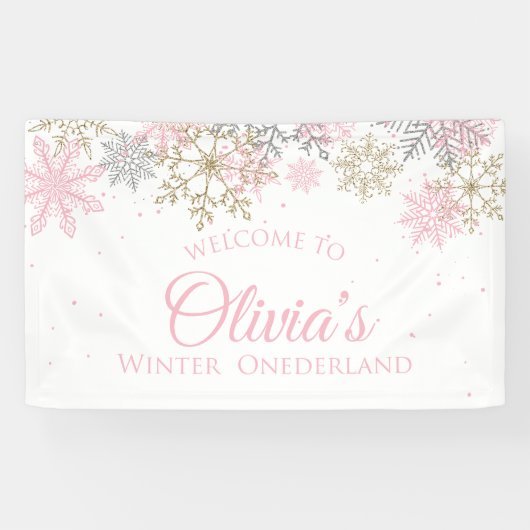 Winter Onederland Roze en Gouden Welkomstbanner Spandoek (Horizontaal)