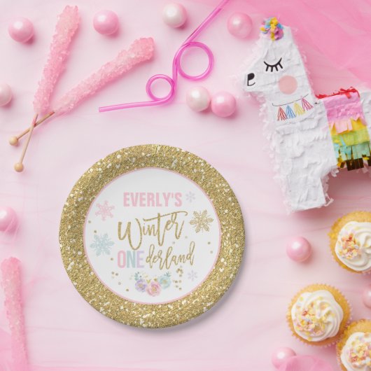 Winter ONEderland roze en goudpapier Bord (Feest)