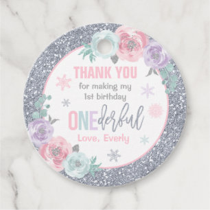 Winter ONEderland roze en zilver Birthday Decor Bedankjes Labels