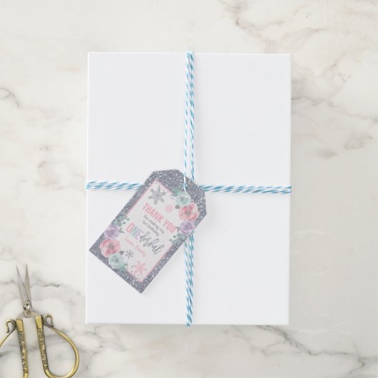 Winter ONEderland roze en zilver Birthday Favor Cadeaulabel (Met Touw)