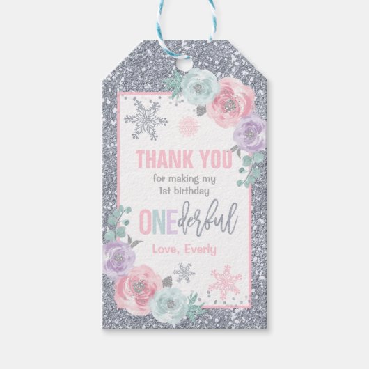 Winter ONEderland roze en zilver Birthday Favor Cadeaulabel (Voorkant)