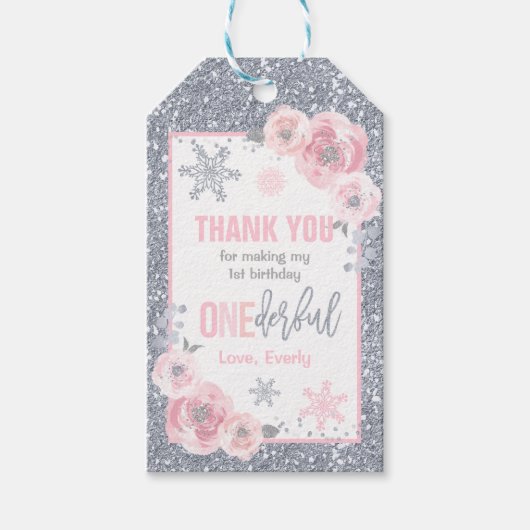 Winter ONEderland roze en zilver Birthday Favor Cadeaulabel (Voorkant)