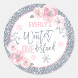 Winter ONEderland roze en zilver Birthday Favors Ronde Sticker