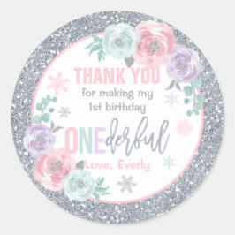 Winter ONEderland roze en zilver Birthday Favors Ronde Sticker