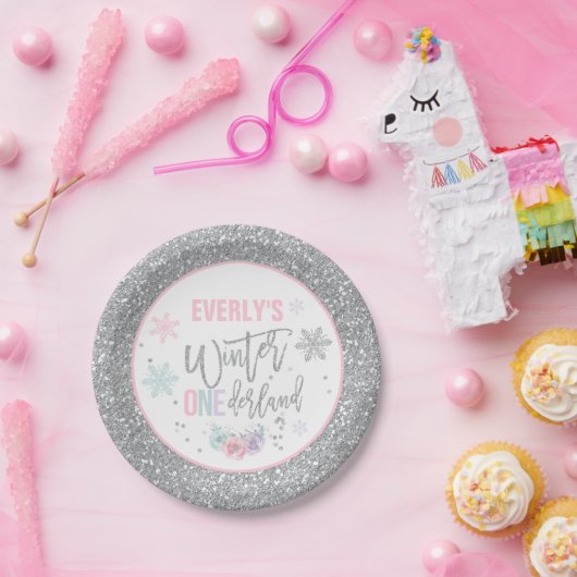 Winter ONEderland roze en zilver Bord (Feest)