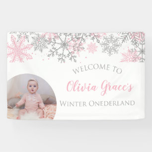 Winter Onederland Roze en Zilveren Sneeuwvlokken F Spandoek