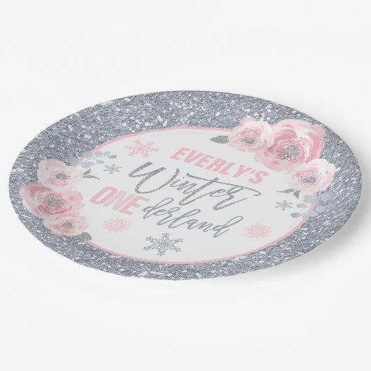 Winter ONEderland roze en zilverkleuringen Papieren Bordje (Gekanteld)
