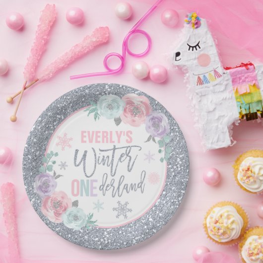 Winter ONEderland roze en zilverkleuringen Papieren Bordje (Feest)