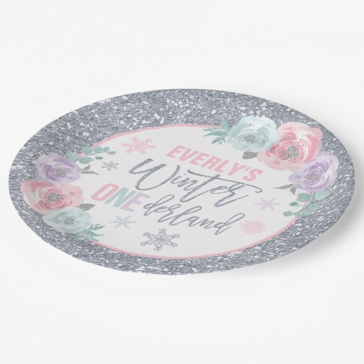 Winter ONEderland roze en zilverkleuringen Papieren Bordje (Gekanteld)