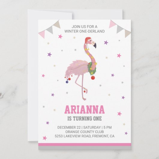 Winter ONEderland Roze Flamingo 1e verjaardag meis Kaart (Voorkant)