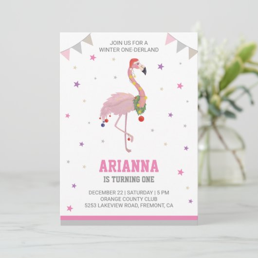 Winter ONEderland Roze Flamingo 1e verjaardag meis Kaart (Staand voorkant)