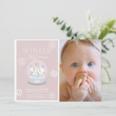 Winter Onederland Roze Foto 1e verjaardag Kaart (Staand voorkant)