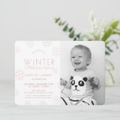 Winter Onederland Roze Foto 1e verjaardag Kaart (Staand voorkant)