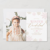 Winter Onederland Roze Glitter 1e Verjaardag Foto Kaart (Voorkant)